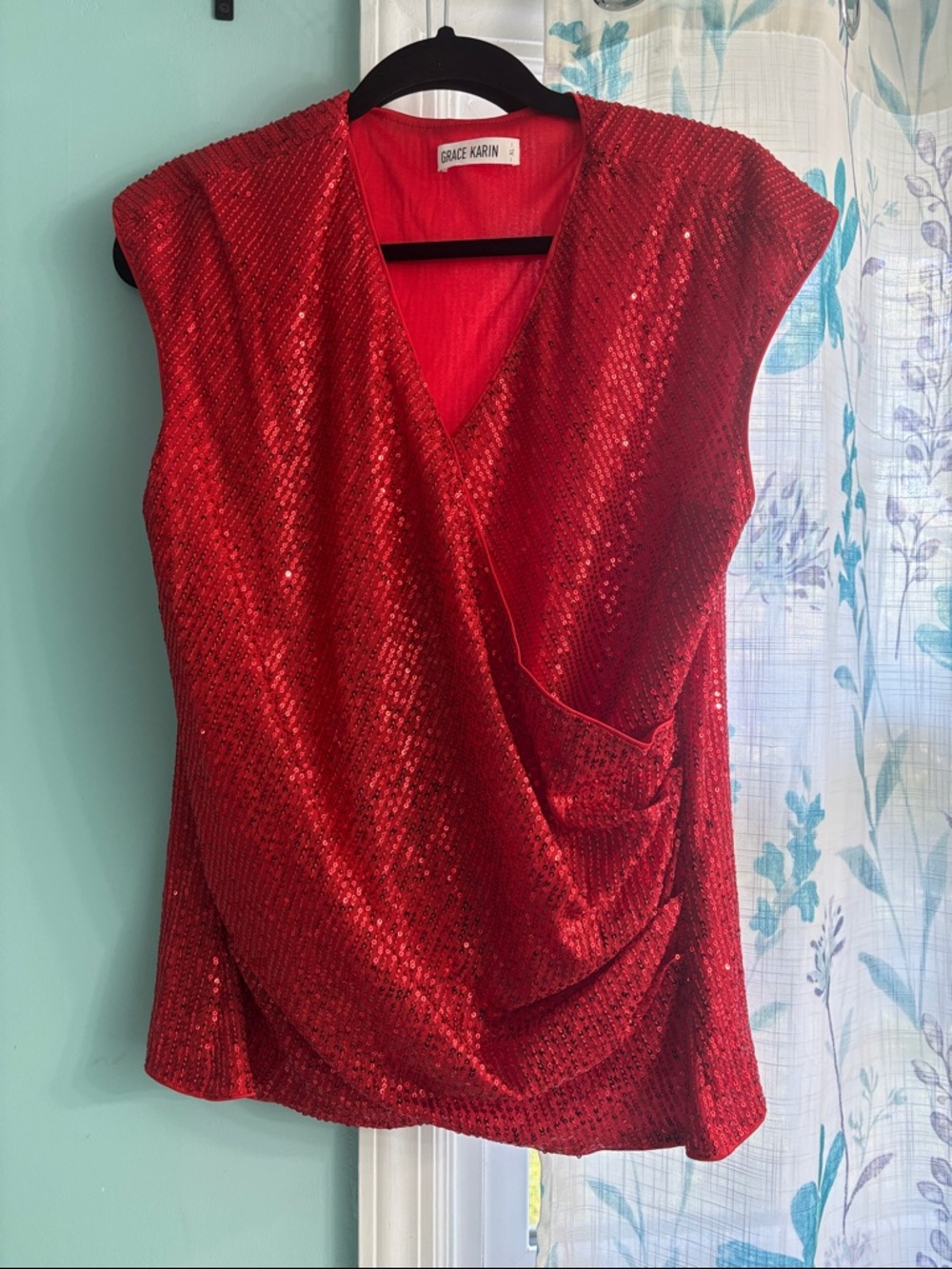 Grace Karin Red Sequin Draped V-Neck Sleeveless Top